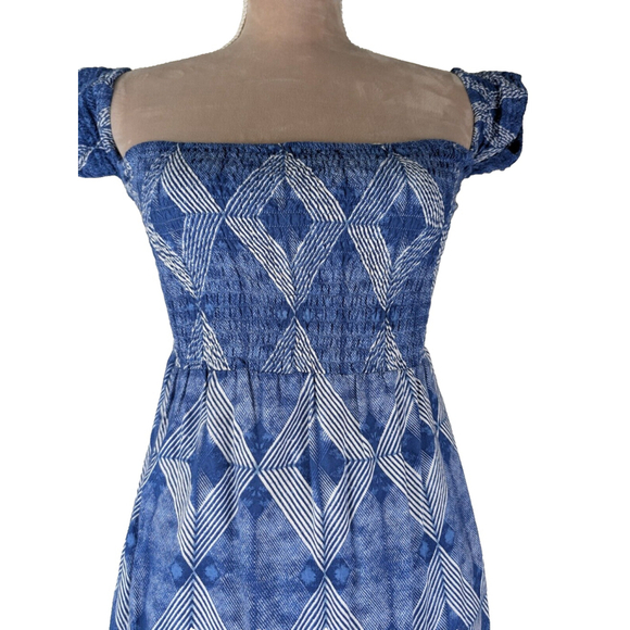 Anthropologie Aila Blue Smocked Ruffle Maxi Dress Navy Blue Ikat Geometric S - Picture 4 of 11